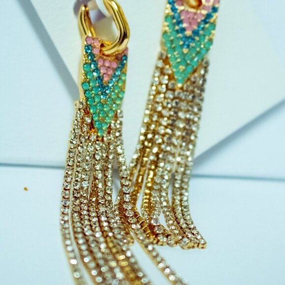 NWT Jessica Simpson Long Rain Multicolor Earrings crystals gold 3" shapes - Picture 3 of 6